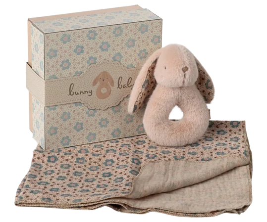 coffret hochet lapin – rose poudre